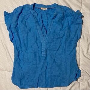 Pilcro (Anthropologie) Blue Cap Sleeve 100% Linen Blouse | Smocking | Breezy
